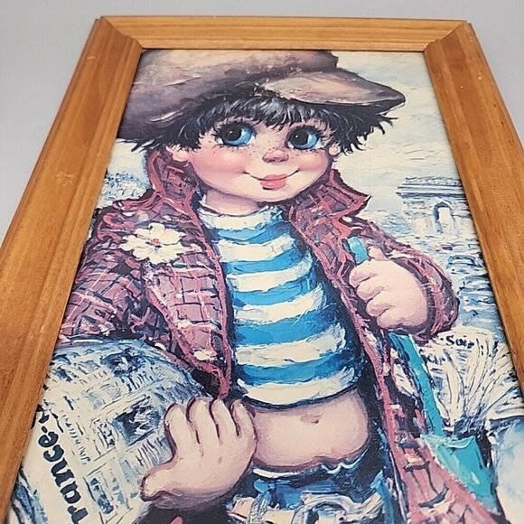 MCM Print Glass Wood Framed Big Eyed Boy France 60s 18x10" Newspaper - Picture 2 of 4